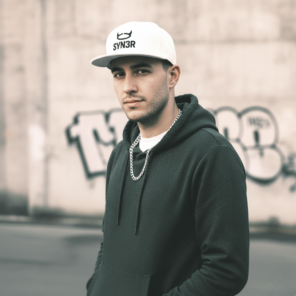 White SYN3R streetwear snapback cap on model