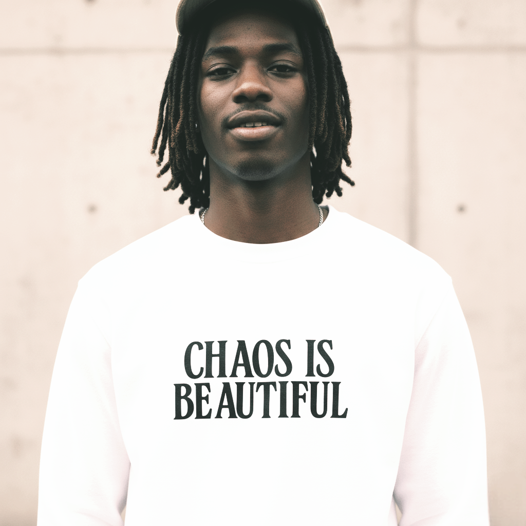 White SYN3R sweatshirt with 'CHAOS IS BEAUTIFUL' text