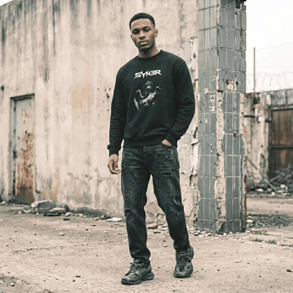 Black Signal Oversized Sweatshirt – Minimalist Heavyweight Streetwear - SYN3R Minimalist Streetwear