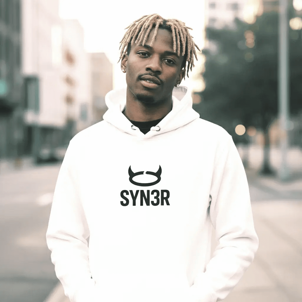 White SYN3R hoodie with black logo and front pocket