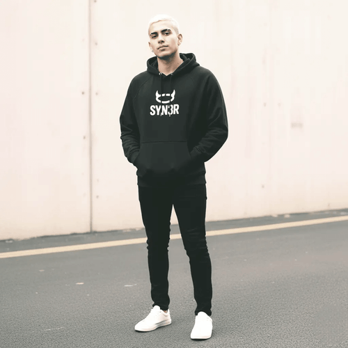Black Minimalist Hoodie model full look – SYN3R