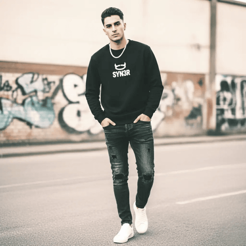 Black Minimalist Sweatshirt - Full Body Model Outfit | SYN3R Streetwear