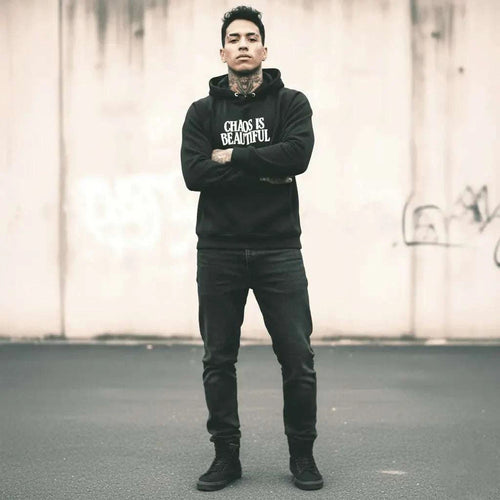 Black Premium Hoodie SYN3R – full-length model photo in premium streetwear look
