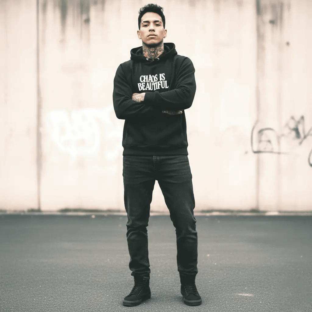 Black Premium Hoodie SYN3R – full-length model photo in premium streetwear look