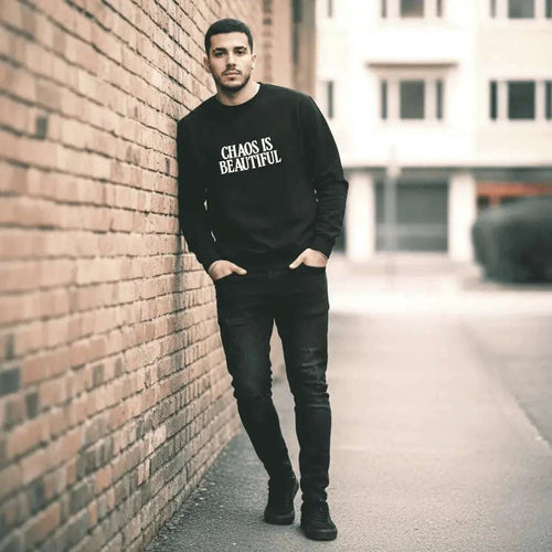 Black Premium Sweatshirt SYN3R – full-length model in streetwear fi