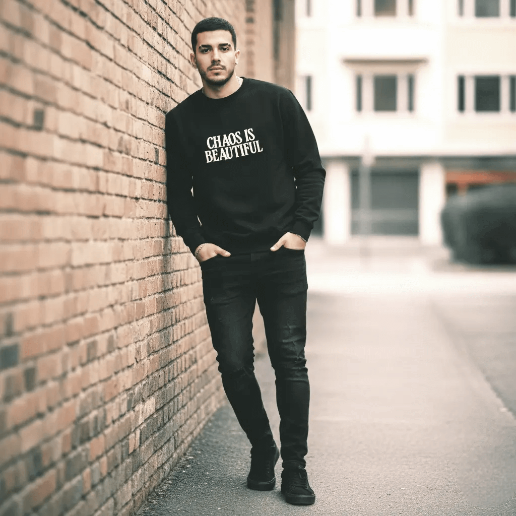 Black Premium Sweatshirt SYN3R – full-length model in streetwear fit