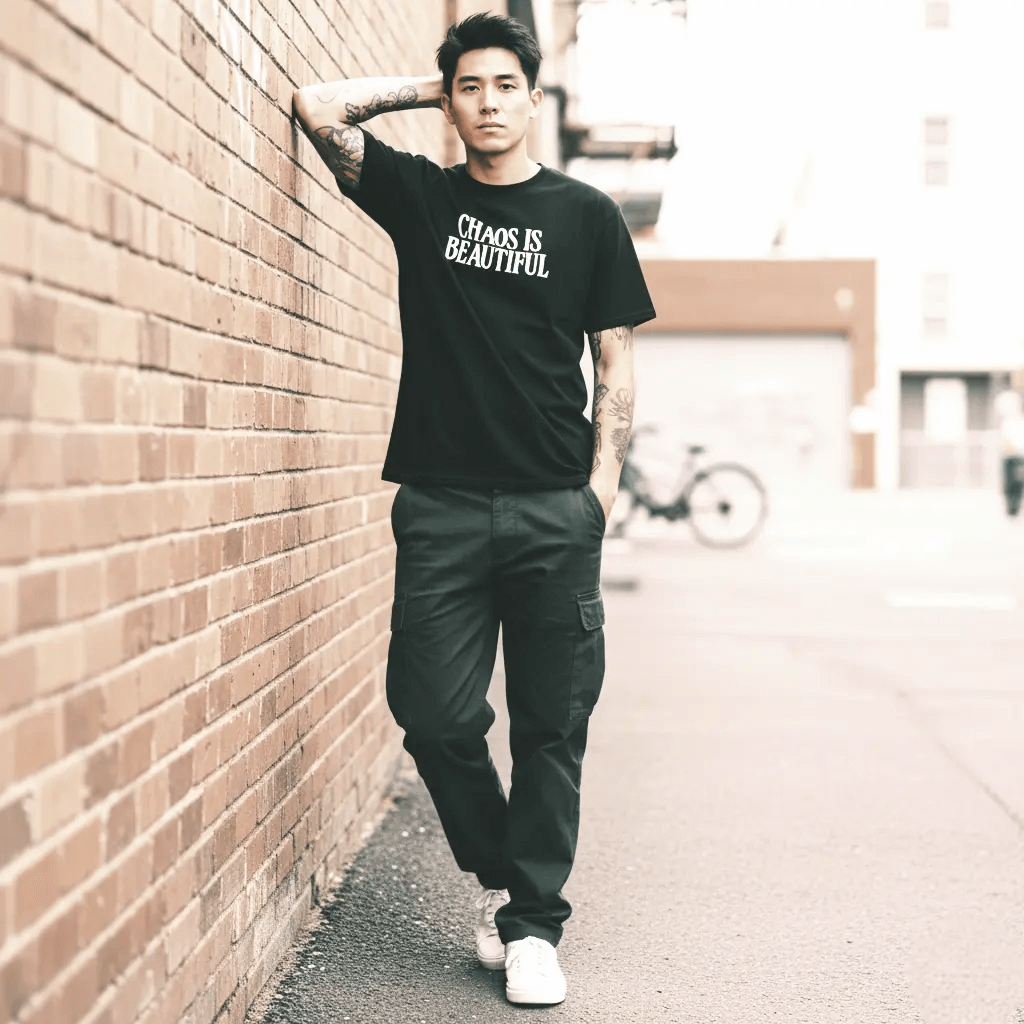 Black Premium T-Shirt SYN3R – full-body model in premium heavyweight streetwear