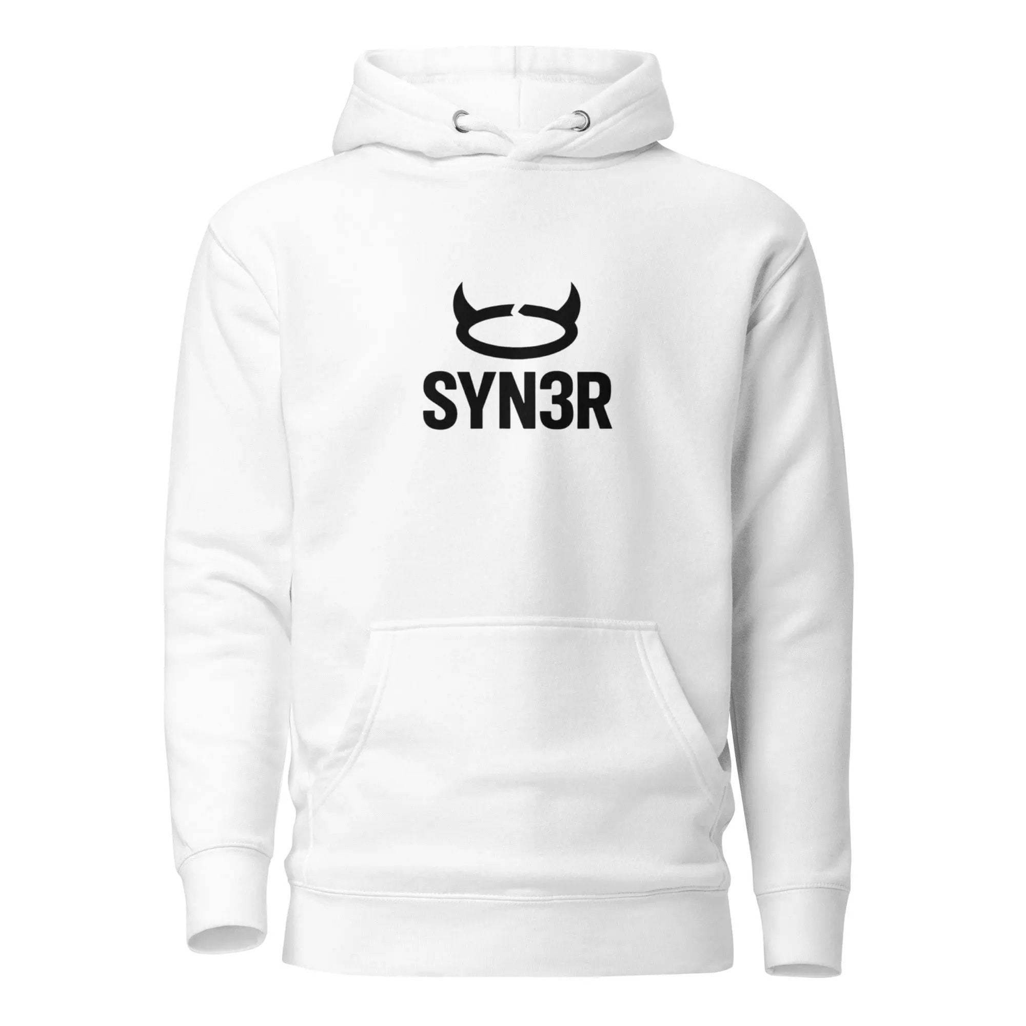 White SYN3R hoodie with black logo and front pocket