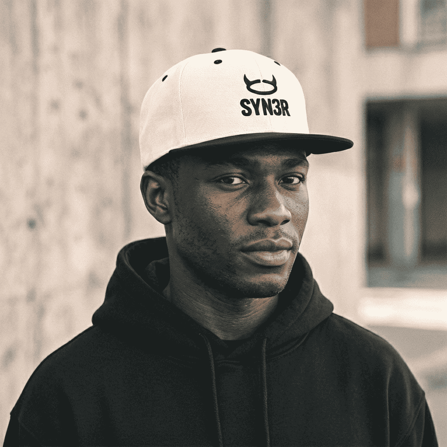 Core Snapback Cap White & Black, front view on model