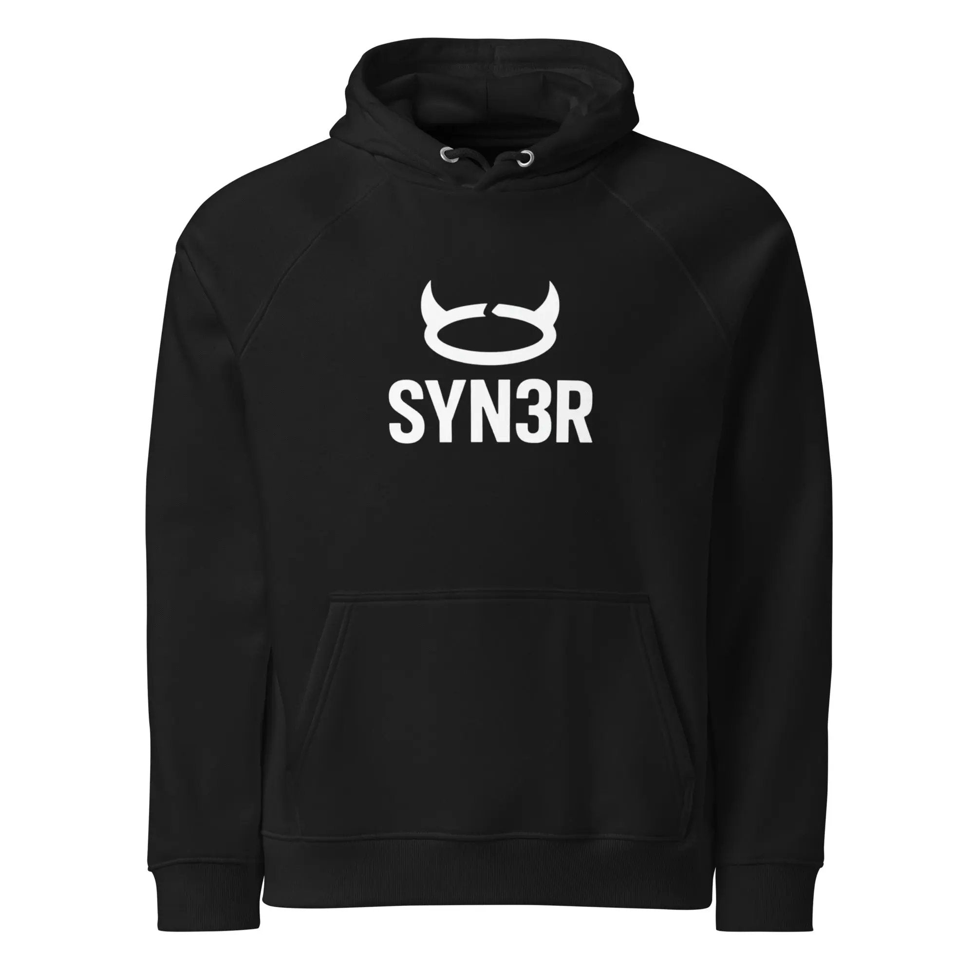 Black SYN3R hoodie with white logo front