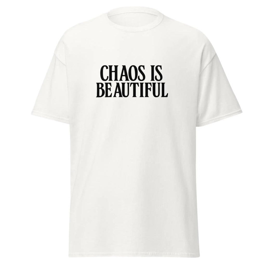 White SYN3R tee with 'Chaos Is Beautiful' graphic