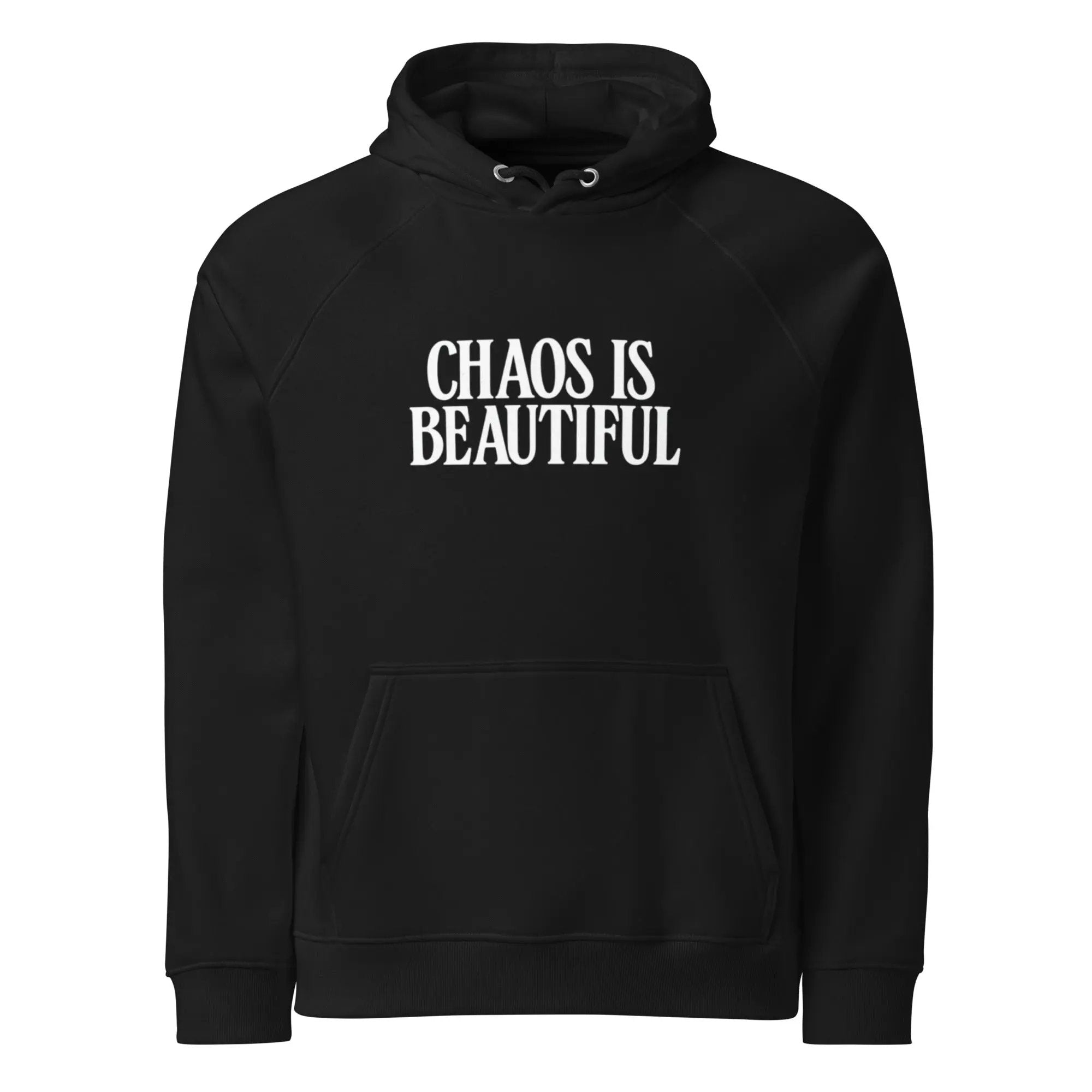 Black SYN3R CHAOS hoodie with white text