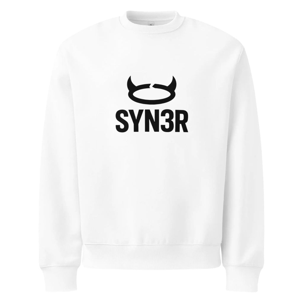White SYN3R crewneck sweatshirt with logo