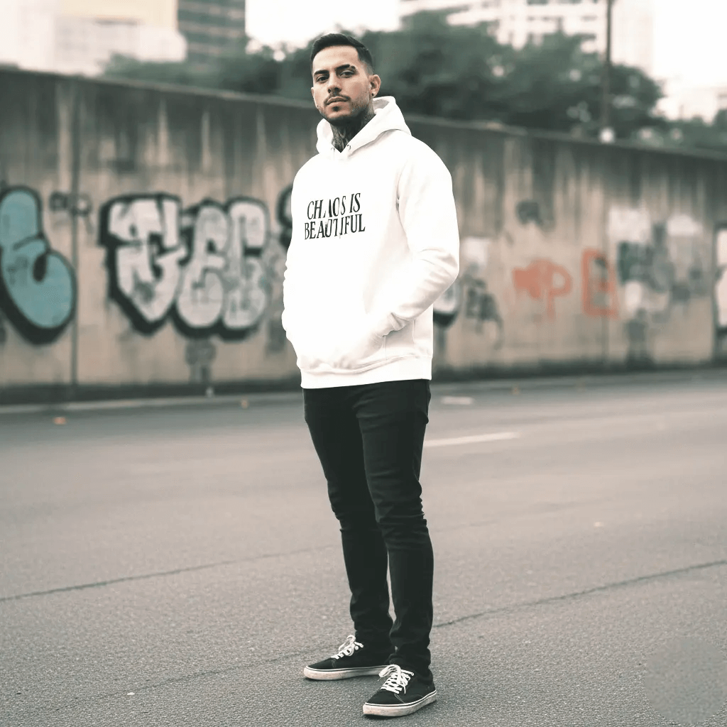 White Minimalist Hoodie SYN3R – full-body view of minimal oversized streetwear look
