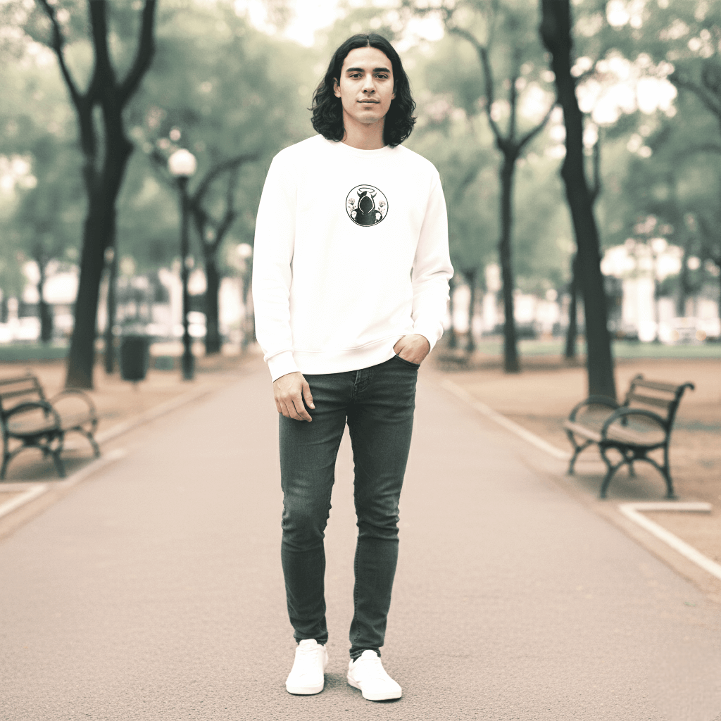 White Oversized Sweatshirt SYN3R – full-body streetwear look with relaxed silhouette