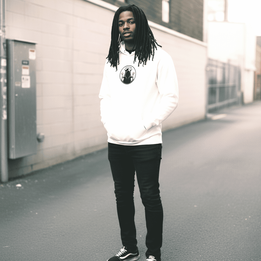 White Premium Hoodie SYN3R – full-length look showing premium oversized silhouette