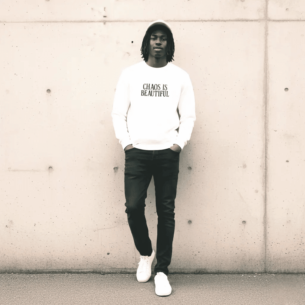 White Premium Sweatshirt SYN3R – full model wearing elevated oversized streetwear