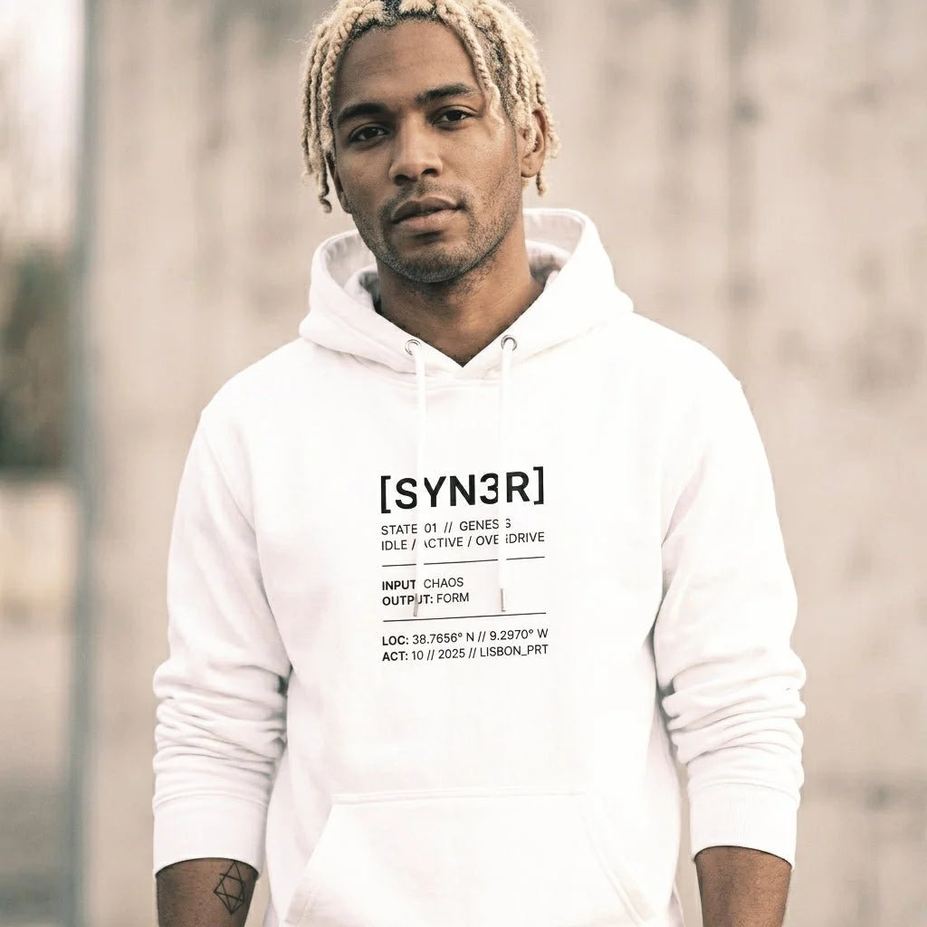 White State Oversized Hoodie – Minimalist Streetwear Heavyweight model closeup